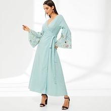 Shein Botanical Embroidered Flounce Sleeve Tie Waist Hijab Dress