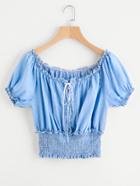 Shein Lace Up Front Frill Shirred Chambray Top