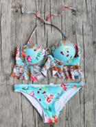 Shein Turquoise Floral Print Ruffle Hem Bustier Bikini Set