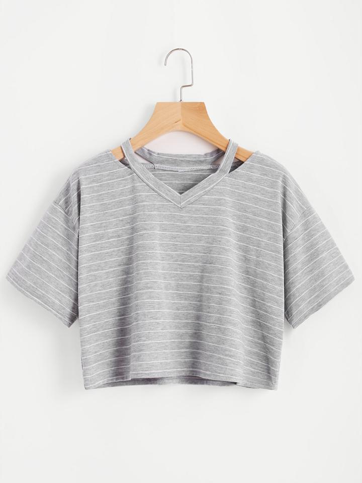 Shein Cut Out Neck Striped Crop Tee