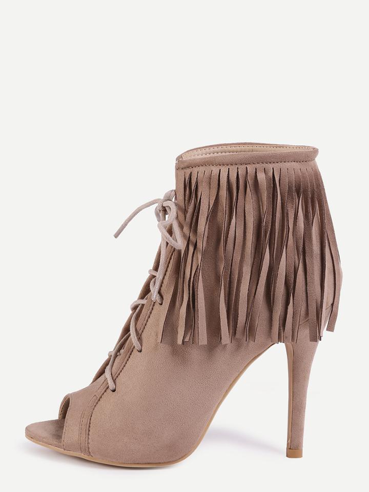 Shein Peep Toe Lace-up Fringe Pumps - Apricot