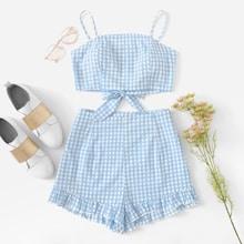 Shein Knot Back Plaid Cami Top & Ruffle Shorts Co-ord