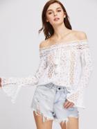 Shein Tasseled Tie Neck Lace Panel Bell Sleeve Eyelet Embroidered Top