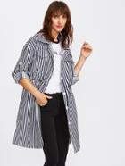 Shein Contrast Stripe Roll Sleeve Drawstring Coat