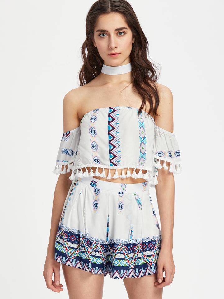 Shein Choker Neck Fringe Hem Crop Top With Shorts