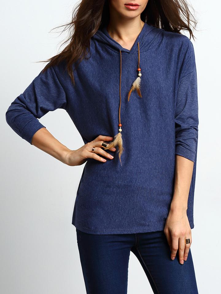 Shein Blue Drawstring Hooded Loose T-shirt