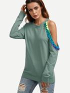 Shein Green Asymmetric Open Shoulder Sweatshirt With Pom Pom Detail