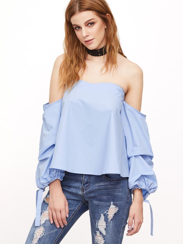 Shein Blue Off The Shoulder Tie Cuff Blouse