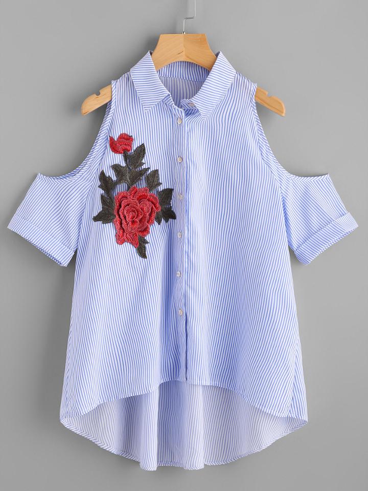Shein Open Shoulder Applique Dip Hem Blouse