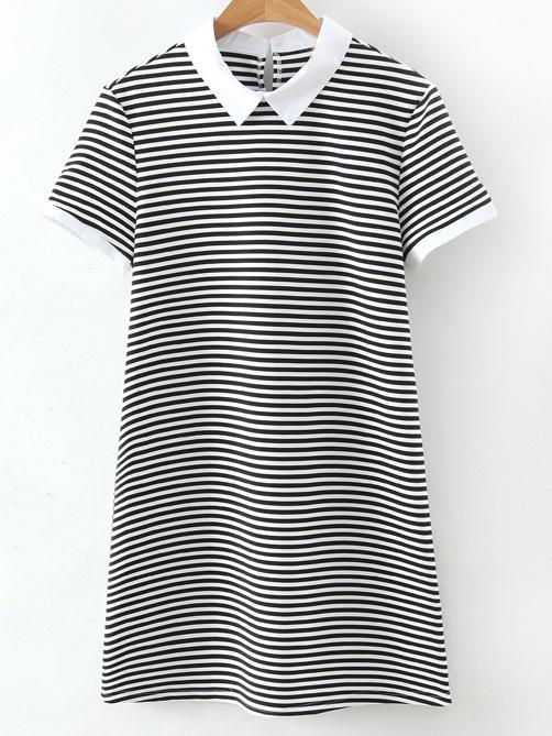 Shein Black White Stripe Contrast Collar Short Sleeve Dress