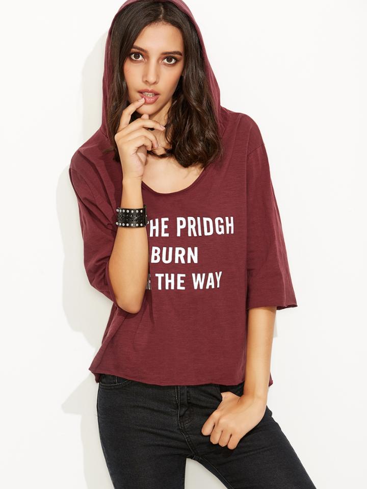 Shein Burgundy Letter Print Hooded T-shirt