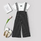 Shein Toddler Girls Bow Front Tee With Striped Overalls
