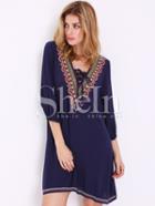 Shein Navy V Neck Embroidered Lace Up Dress