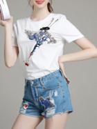 Shein White Applique Pouf Sequined Top With Shorts