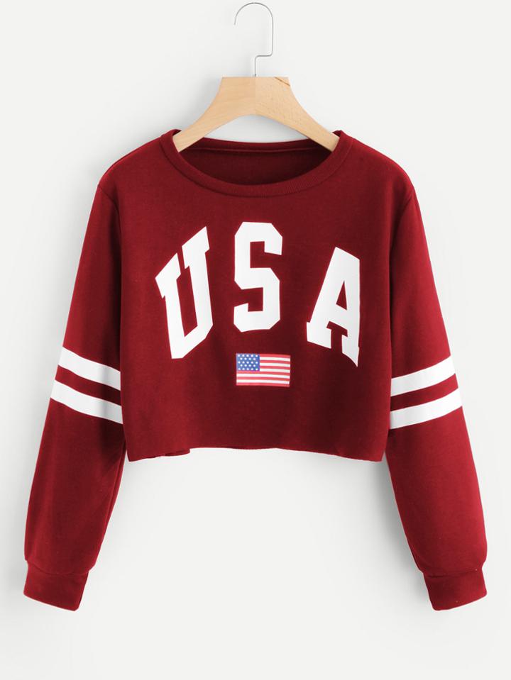 Shein Varsity Striped Raw Hem Crop Sweatshirt