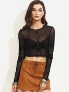 Shein Black Flower Flocking Sheer Long Sleeve Crop Blouse