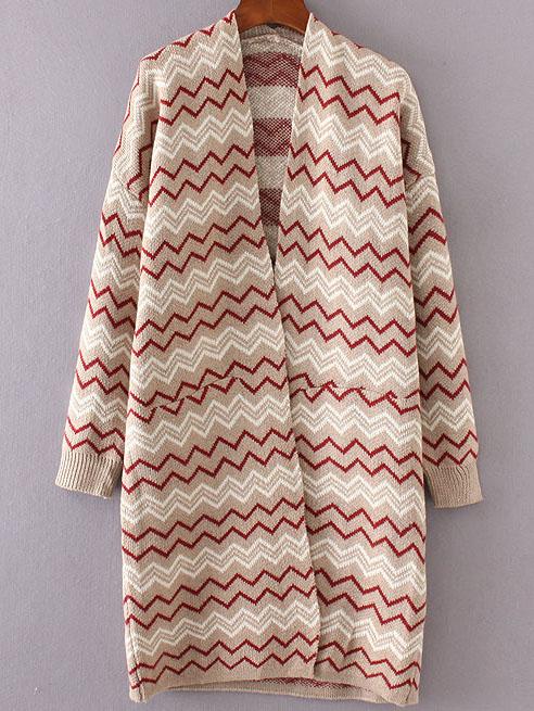 Shein Khaki Wave Pattern Open Front Long Cardigan