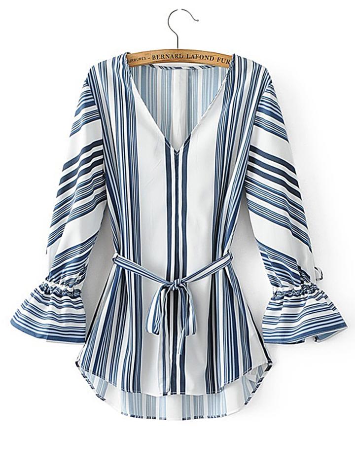 Shein Bell Cuff High Low Blouse With Self Tie