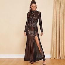 Shein Knot Front High Slit Metallic Dress