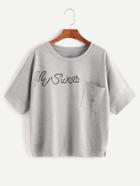 Shein Heather Grey Letter Print Ripped Pocket T-shirt