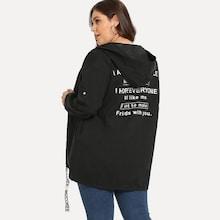 Shein Plus Letter Print Ribbon Hooded Outerwear