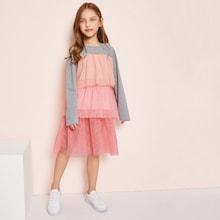 Shein Toddler Girls Keyhole Back Contrast Tiered Mesh Dress