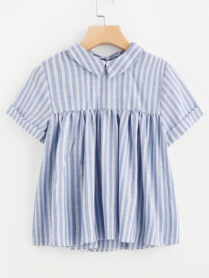 Shein Striped Bow Tie Back Cuffed Smock Top