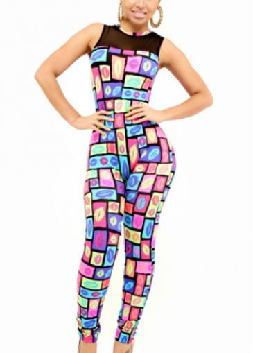 Rosewe Fashion Style Print Design Mesh Splicing Long Sleeve Jumpsuit