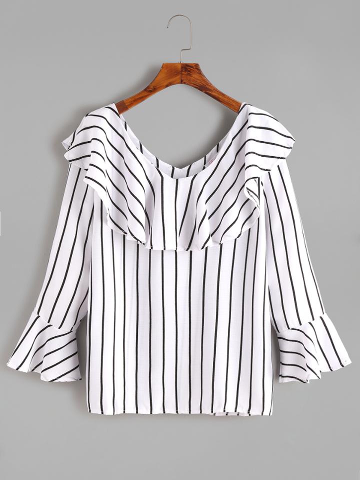Shein White Bell Sleeve Ruffle Trim Striped Blouse