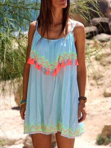 Shein Blue Tribal Print Tassel Spaghetti Strap Dress