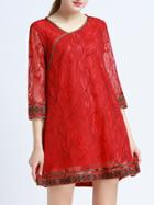 Shein Red V Neck Embroidered Lace Shift Dress