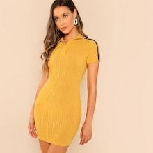 Shein Striped Sleeve Rib Knit Polo Dress