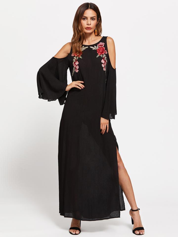 Shein Symmetrical Embroidery Patch Bell Sleeve Slit Side Dress