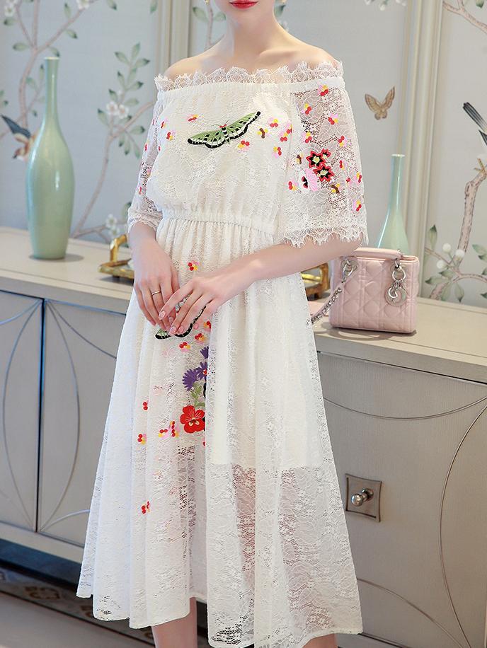 Shein White Boat Neck Flowers Embroidered Lace Dress