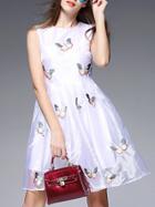 Shein White Butterfly Embroidered A-line Dress