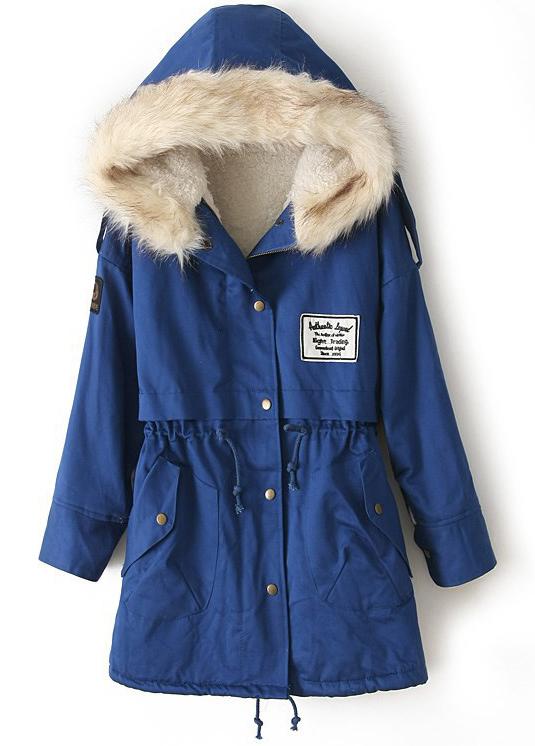 Shein Royal Blue Fur Hooded Zipper Embellished Fleece Inside Military Coat