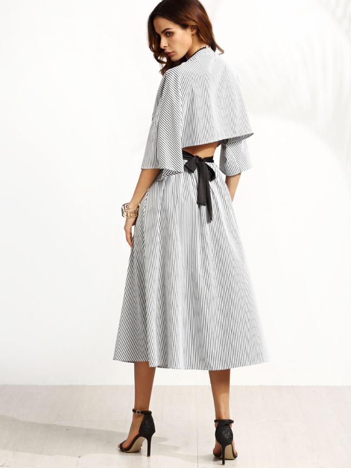 Shein Striped Contrast Belt Open Back Dress