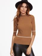 Shein Coffee Ribbed Knit Striped Slim Fit Sweater