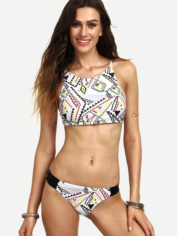 Shein Multicolor Geometric Print High Neck Bikini Set