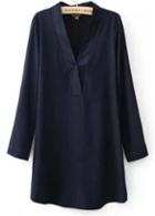 Rosewe Graceful Navy Blue Long Sleeve V Neck Straight Dress