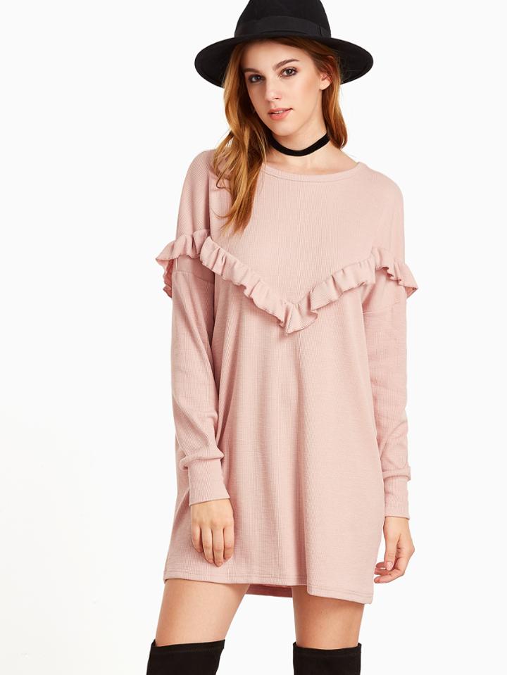 Shein Pale Pink Ruffle Trim Drop Shoulder Ribbed Dress