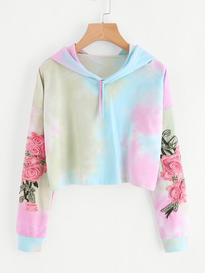 Shein 3d Embroidered Applique Tie Dye Crop Hoodie