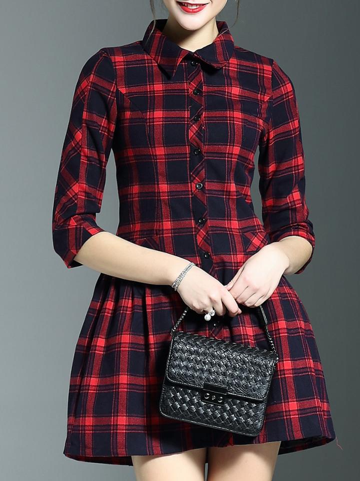Shein Red Lapel Plaid Pockets Drop Waist Dress