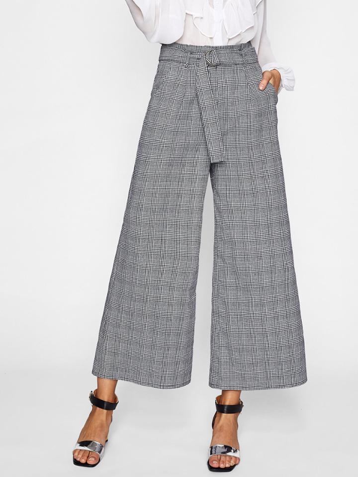 Shein O-ring Belt Detail Plaid Palazzo Pants