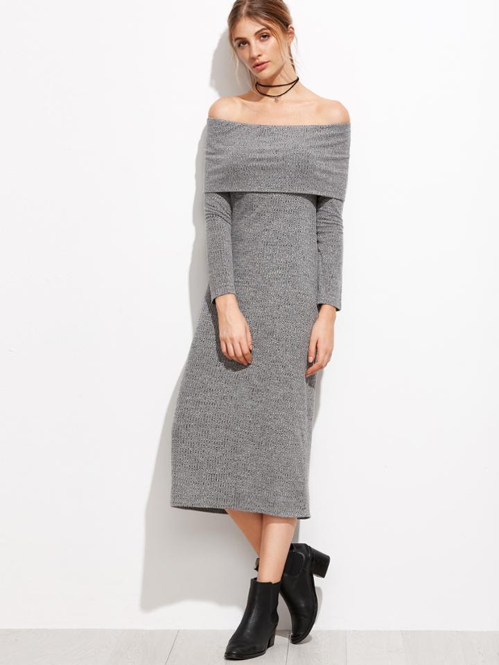 Shein Heather Grey Foldover Off The Shoulder Ribbed Dress