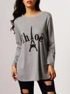 Shein Grey Long Sleeve Tower Print T-shirt