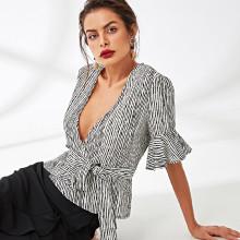 Shein Flounce Sleeve Pinstripe Wrap Blouse