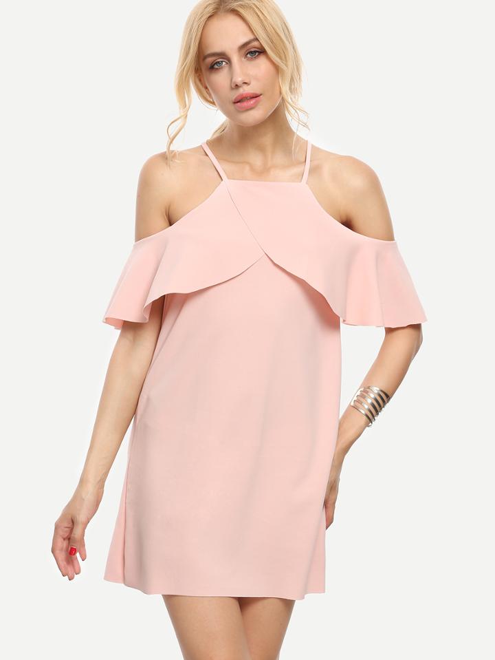 Shein Pink Cold Shoulder Ruffle Sleeve Dress
