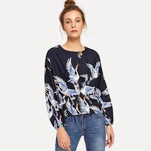 Shein Buttoned Keyhole Zip Detail Crane Print Sweatshirt