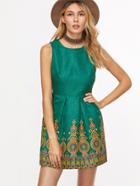 Shein Green Vintage Print Box Pleated Jacquard Dress
